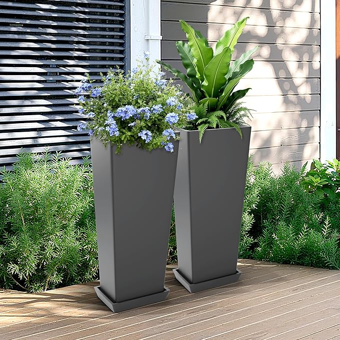 FENCY Set of 2 Tall Planters for Outdoor Plants, 24 Inch Large Tapered Pots with Drainage Trays, Weather-Resistant Plastic Plant Containers for Patio, Porch, Garden, Front Door Decor,Gray-Ruum Studio Home