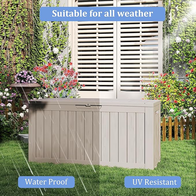 90 Gallon Lockable Resin Deck Box with Wheels, Waterproof & UV-Resistant Outdoor Storage Box for Outdoor Cushion Storage, Garden Tools & Pool Accessories Storage, Gray-Ruum Studio Home