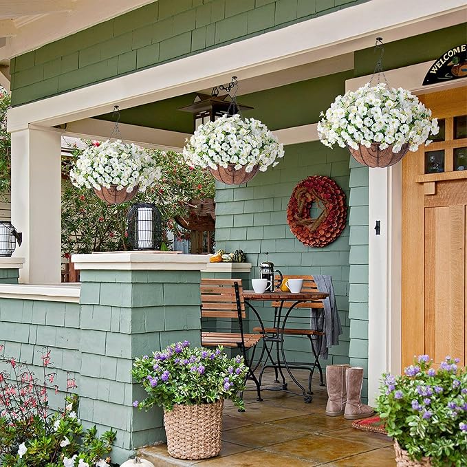 Ivydale Artificial Fake Hanging Flowers Plants Baskets for Outdoor Spring Summer Decoration, Faux Silk White Morning Glory Look Real UV Resistant for Outside Porch Patio Balcony Yard Front Door Garden-Ruum Studio Home