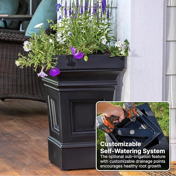 Step2 Atherton Square Planter, Large Planters for Outdoor Plants, Gardening and Flower Pot for Patio or Porch, Efficient Drainage, Durable Plastic, Onyx Black-Ruum Studio Home