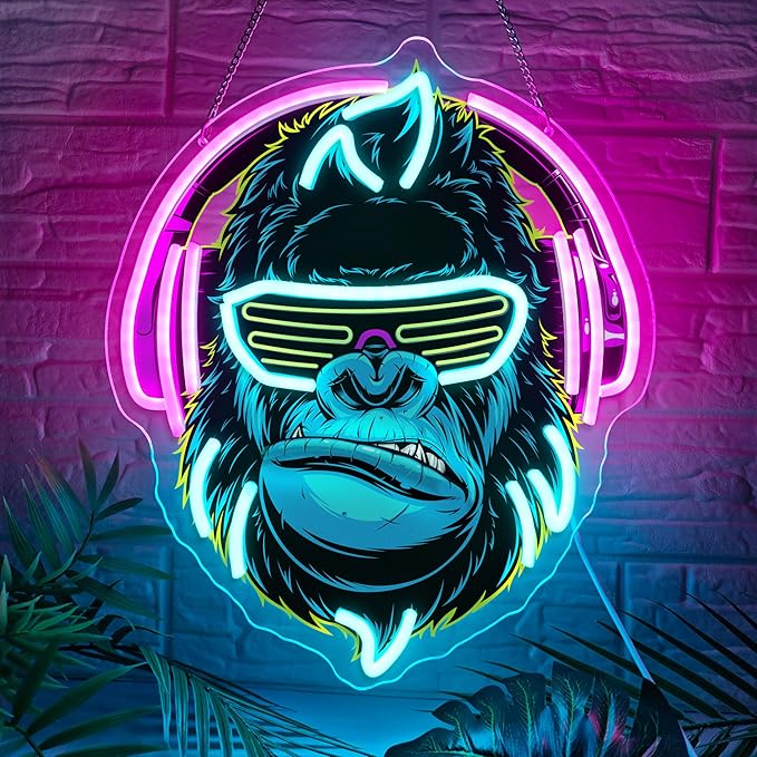Headphones Gorilla Neon Sign Dimmable Kong Led Neon Light for Wall Decor,Game Room,Man Cave,Home Party Bar Decor,USB Powered Led Sign-Ruum Studio Home