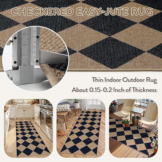 Lahome Checkered Easy Jute Runner Rug, 2x6 Kitchen Mats for Floor Washable Entryway Runner, Checkerboard Black Indoor Outdoor Carpet for Hallway 6ft Entry Laundry-Ruum Studio Home