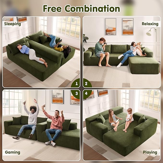 ovios 104" Cloud Sectional Couch with L-Shape Chaise,Modern Modular Sofa with Deep Seat, Upholstered Couches for Living Room Bedroom,No Assembly Required, Green (Cloud Velvet)-Ruum Studio Home