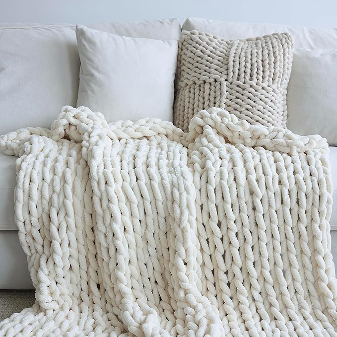 Maetoow Chenille Chunky Knit Blanket Throw （82×86 Inch）, Handmade Warm & Cozy Blanket Couch, Bed, Home Decor, Soft Breathable Fleece Banket, Christmas Thick and Giant Yarn Throws, Cream-Ruum Studio Home