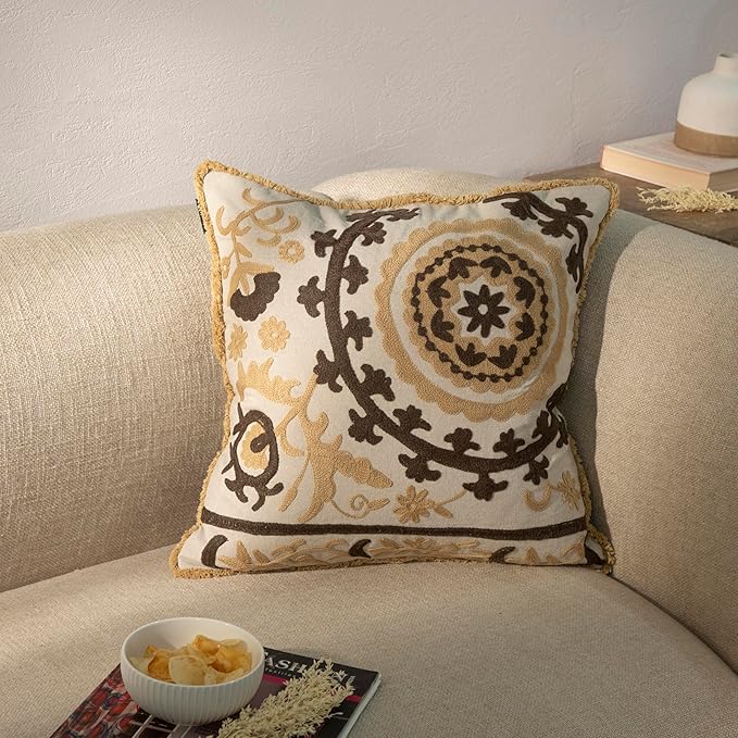 Embroidered Floral Mandala Vintage Indian Cotton Decorative Embroidery Throw Pillow Covers, Fringes Lace Cushion Cover, Pillow Case for Sofa Couch Bed Chair 18" x 18"-Ruum Studio Home