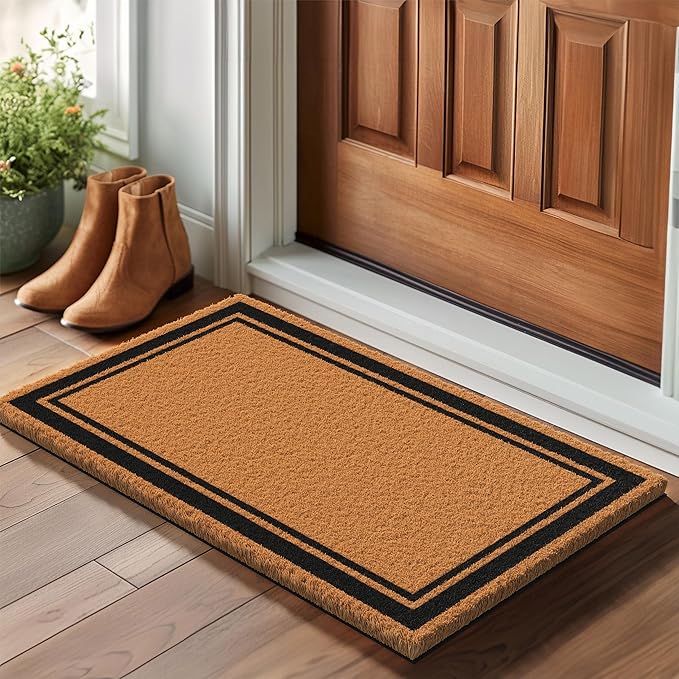 Barnyard Designs Natural Coco Coir Heavy Duty Backing Doormat - Large Cute Non-Slip Front Door Welcome Mat for Outside Entrance or Porch Entry, Brown (17x30, Border)-Ruum Studio Home