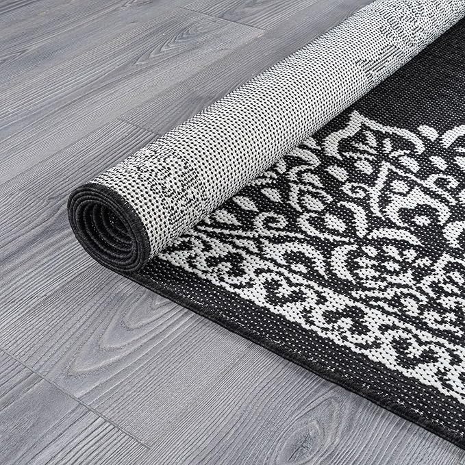 CAMILSON Outdoor Rug, 5x7 Medallion Black White Modern Area Rugs for Indoor and Outdoor Patios, Kitchen and Hallway Mats, Washable Porch Deck Outside Carpet (Medallion Black, 5 x 7)-Ruum Studio Home