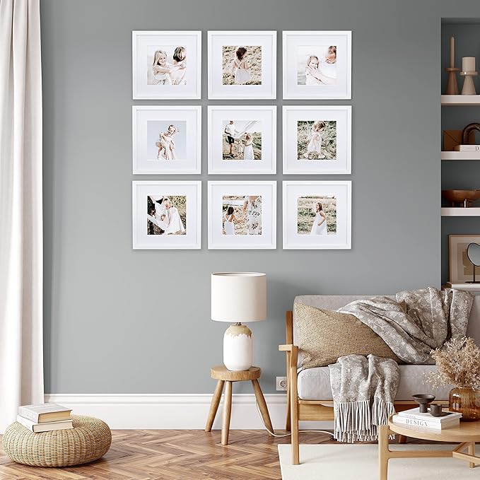 Sheffield Home 9 Piece Gallery Wall Frame Set, 12x12 Inch, White-Ruum Studio Home