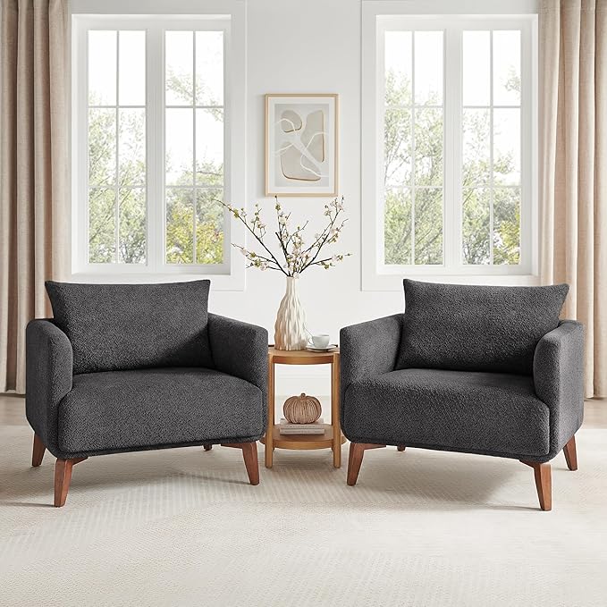 Oversized Accent Chair Modern Boucle Armchair for Living Room Sets of 2 - 37" Wide & Cozy Reading Chair with Solid Wood Legs, Dark Gray Upholstered Lounge Chair for Bedroom & Office (Easy Assembly)-Ruum Studio Home