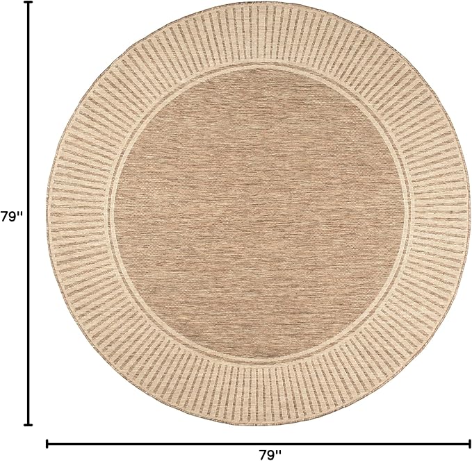 nuLOOM 6'7" Round Outdoor Area Rug, Casual Design With Striped Border, Stain Resistant, Highly Durable, For Patio, Balcony, Bedroom, Living Room, Dining Room, Bathroom, Light Brown-Ruum Studio Home