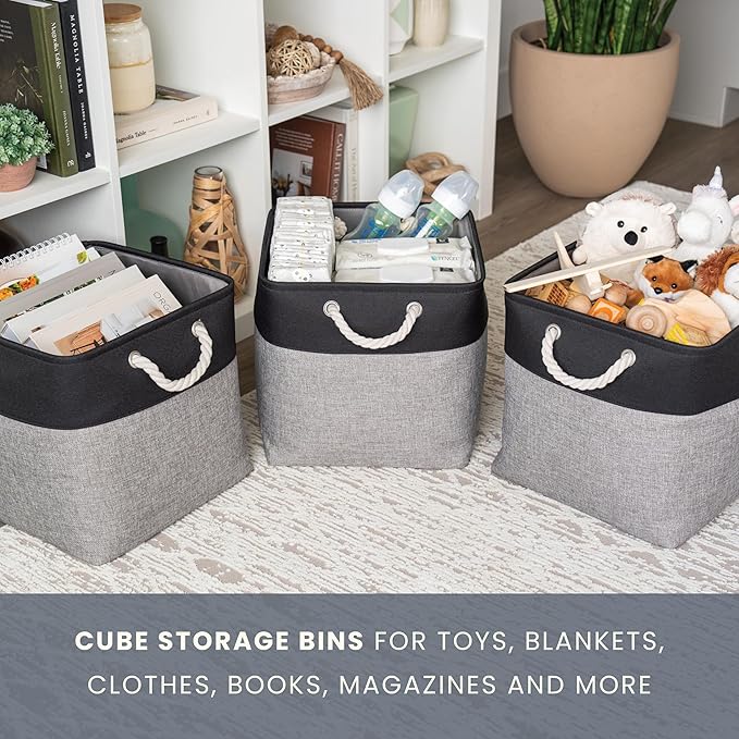 OrganiHaus 13x13 Cube Storage Bins 4 Pack, Foldable Cube Storage Organizer w/ Rope Handles, Collapsible Fabric Bins for Toys, Clothes & Closet Organization, Fabric Square Baskets - Gray/Black-Ruum Studio Home