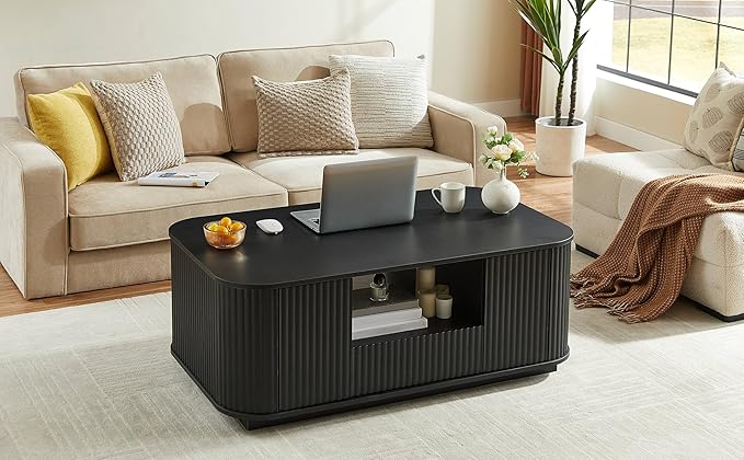 46.5" Oval Coffee Table with Drawers and Storage Mid Century Modern Fluted Solid Wood Side Coffee Tables, Luxury Tea Table Center Table for Living Rooms Offices Apartmen, Black-Ruum Studio Home