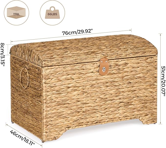 Handwoven Storage Basket with Lid, 178L Wicker Storage Bin, Natural Water Hyacinth, Leather Buckle & Metal Frame, Metal Ring Handles for Easy Transport, Storage Chest & Trunk for Bedroom, Living Room-Ruum Studio Home