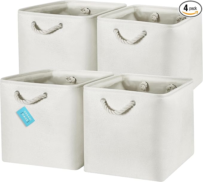 OrganiHaus 13x13 Cube Storage Bins 4 Pack, Foldable Cube Storage Organizer w/ Rope Handles, Collapsible Fabric Bins for Toys, Clothes & Closet Organization, Fabric Square Baskets - Off-White-Ruum Studio Home