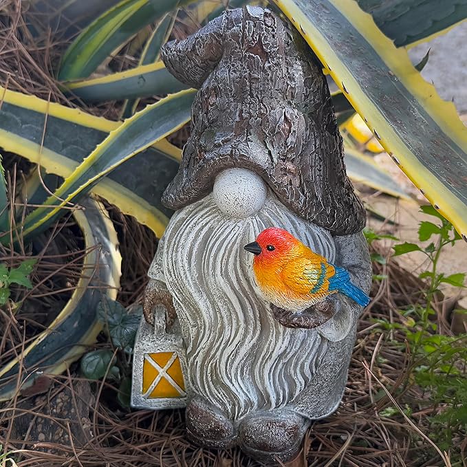 Mood Lab Garden Gnome - Stone Gnome Figurine - 9.1 Inch Tall Lawn Statue with Bird - for Outdoor or House Decor-Ruum Studio Home