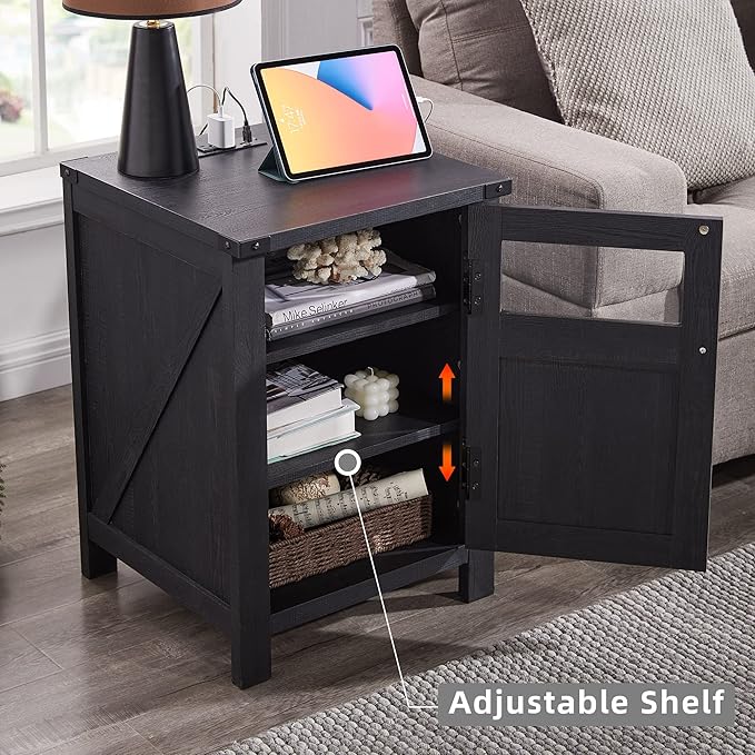 JXQTLINGMU Farmhouse End Table with Charging Station, 18'' Rustic Nightstand with Barn Door & Adjustable Shelf, Wooden Sofa Side Table with 3-Tier Storage for Living Room, Bedroom, Black-Ruum Studio Home
