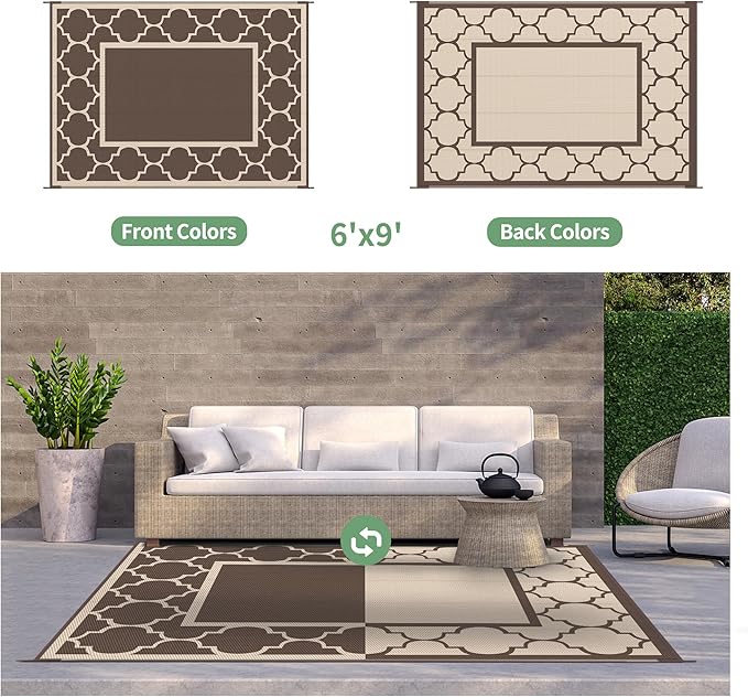 GENIMO 6' x 9' Outdoor Rug Waterproof for Patio Decor, Foldable Reversible Plastic Straw Area Rugs Mat for Camper, Outside Carpet for Rv, Deck, Porch, Picnic, Beach, Balcony, Coffee & Beige-Ruum Studio Home