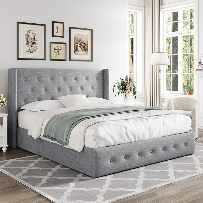 Allewie Full Size Lift Up Storage Bed, Button Tufted Headboard with Wingback, Hydraulic Support, No Box Spring Needed, Light Grey-Ruum Studio Home