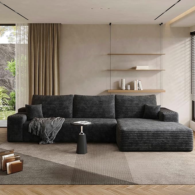 108" Sectional Couches for Living Room Modern Modular Sofa with L-Shape Couchs Upholstered Boneless Couch Deep Seat Sectional Couch with Chaise (Black, Right Facing Chaise+2Seaters)-Ruum Studio Home