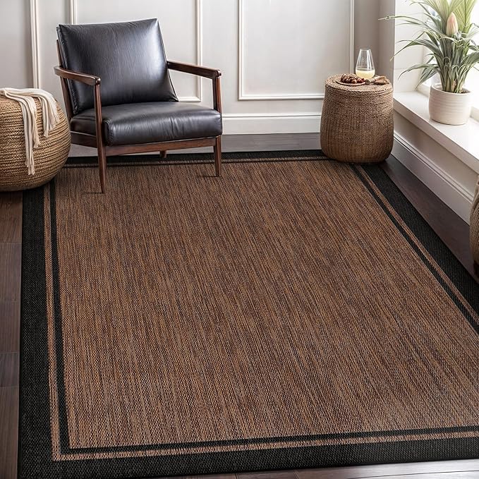 CAMILSON Indoor Outdoor Rug, 5x7 Bordered Nut Brown Black Modern Area Rugs for Indoor and Outdoor Patios, Kitchen and Hallway Mats, Washable Porch Deck Outside Carpet (Bordered Nut Brown Black, 5 x 7)-Ruum Studio Home
