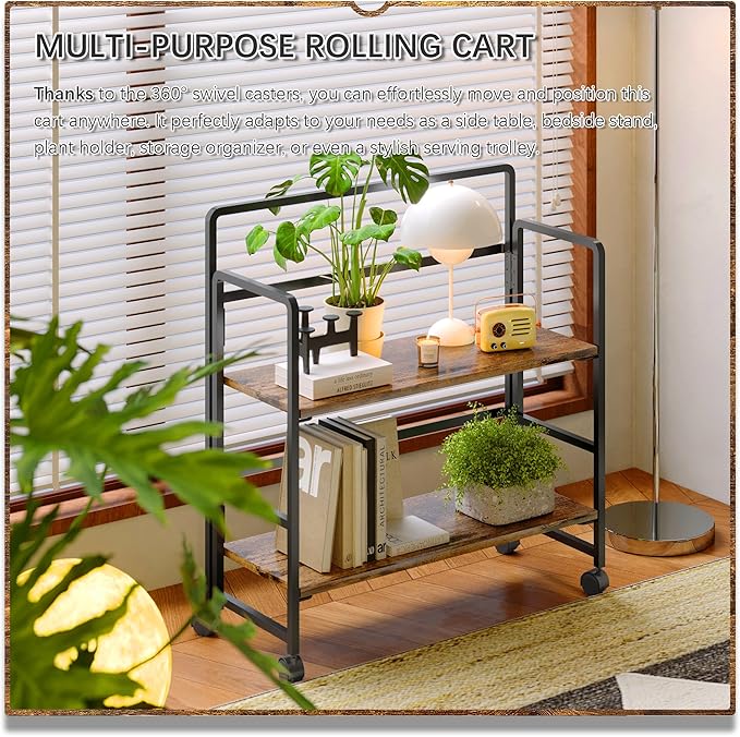 4NM 2 Tiers No-Assembly Folding Bookshelf with Wheels, Portable Rolling Storage Bookcase & Compact Side Table for Living Room, Bedroom, Kitchen, Bathroom (Rustic Brown and Black)-Ruum Studio Home