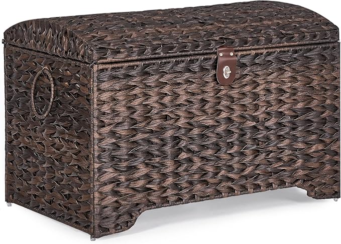 Handwoven Storage Basket with Lid, 178L Plastic Rattan Storage Bin, Leather Buckle & Metal Frame, Large Metal Ring Handles, Storage Trunk for Bedroom, Laundry Room-Ruum Studio Home