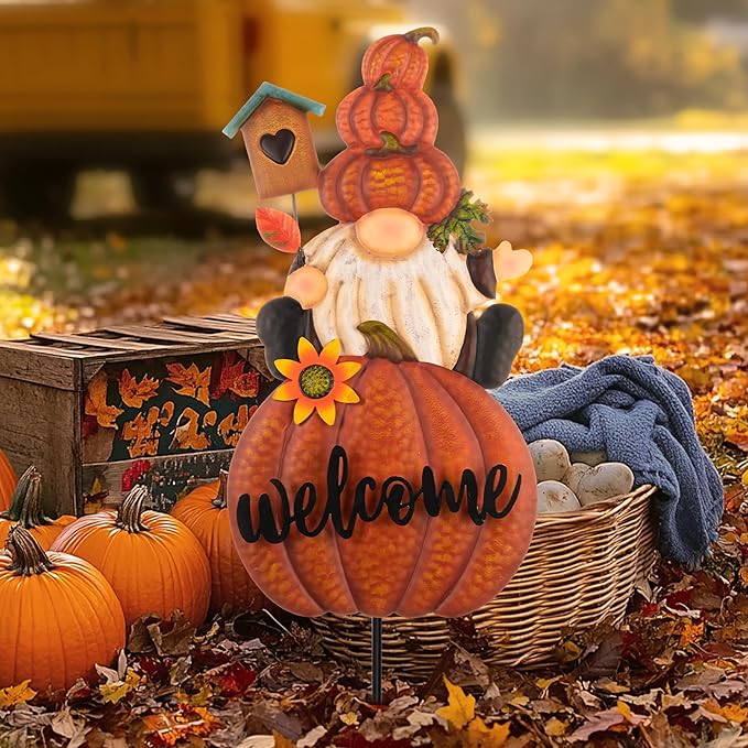 TERESA'S COLLECTIONS Fall Gnome Pumpkin Decorations for Outdoor Home, Metal Fall Decor Welcome Signs Stakes, Orange Autumn Yard Decor for Thanksgiving, Harvest Garden Patio Gift for Mom 25"-Ruum Studio Home