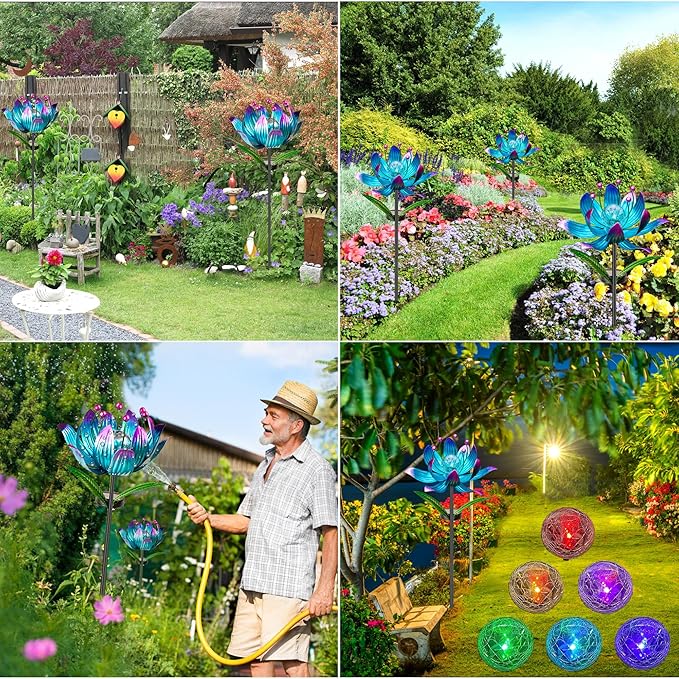 Solar Wind Spinner, 38 Inch Metal Stake Yard Spinners,Solar Powered Multi-Color LED Glass Ball with Kinetic Wind Sculpture Spinner Windmills for Yard (38IN-Purple)-Ruum Studio Home