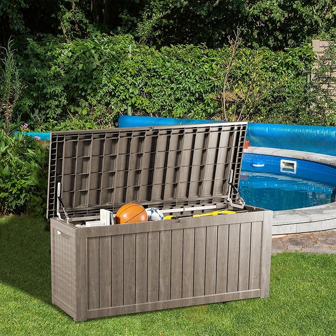 200 Gallon Lockable Resin Deck Box, Waterproof & UV-Resistant Outdoor Storage Box for Outdoor Cushion Storage, Garden Tools & Pool Accessories Storage, Gray-Ruum Studio Home