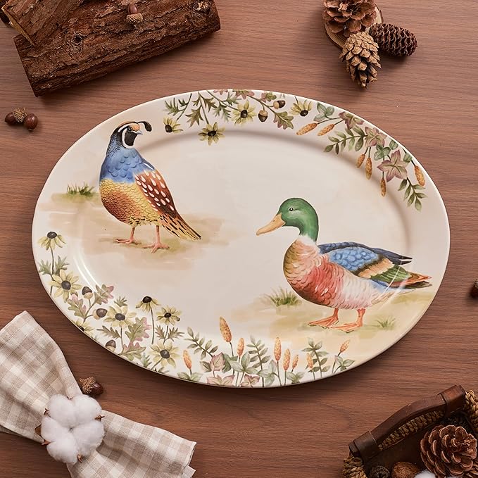 Bico Autumn Birds 16 plus 14 inch Oval Platters Set, Set of 2, Microwave and Dishwasher Safe, for Serving Fish, Chicken, Turkey-Ruum Studio Home