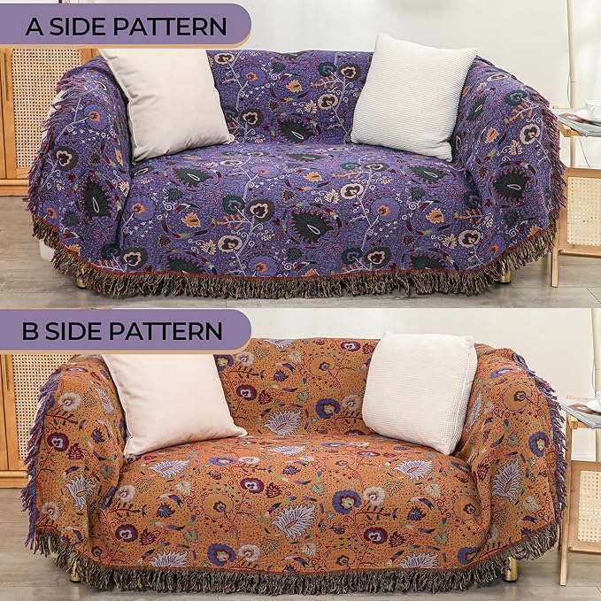 Boho Throw Blanket for Bed,100% Ultra Cotton Soft Breathable Bed Throw Floral Printed Farmhouse Decor Rustic Bed Throws for Couch Sofa Quilt Purple Flowers 60" x 80"-Ruum Studio Home