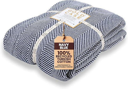 Gold Case Throw Blanket for Bed – 100% Recycled Turkish Cotton Bed Blanket – Decorative Throw Cotton Blankets for Living Room & Bedroom – Elegant Navy Blue Woven Queen Blankets – 90x90-Ruum Studio Home