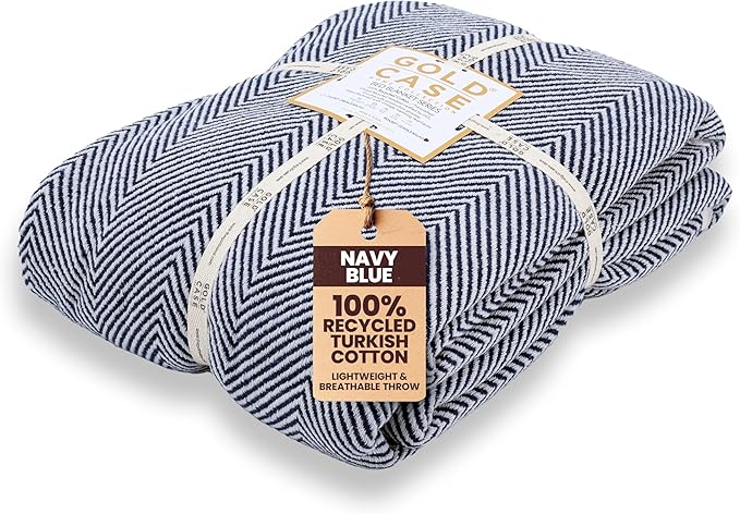 Gold Case Throw Blanket for Bed – 100% Recycled Turkish Cotton Bed Blanket – Decorative Throw Cotton Blankets for Living Room & Bedroom – Woven Twin Blankets - 71x90 - Navy Blue-Ruum Studio Home