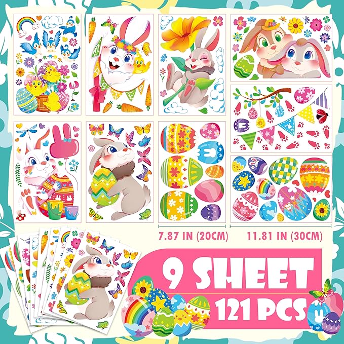 Large Easter Window Clings - Bunny Window Stickers Decals for Glass Windows, Cute Easter Egg Double Sided Reusable Window Holiday Decorations, Bird Office Spring Patry Decor, 9Sheet/121PCS-Ruum Studio Home