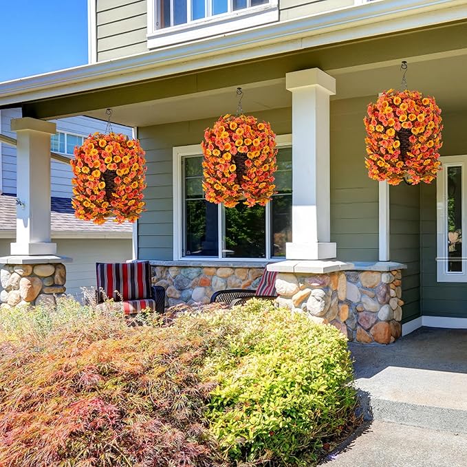 Artificial Fall Fake Hanging Flowers Plants Basket for Outdoor Autumn Decoration, Faux Silk Morning Glory Long Stems Vines Realistic UV Resistant for Outside Home Porch Garden (Fall Orange+Yellow)-Ruum Studio Home