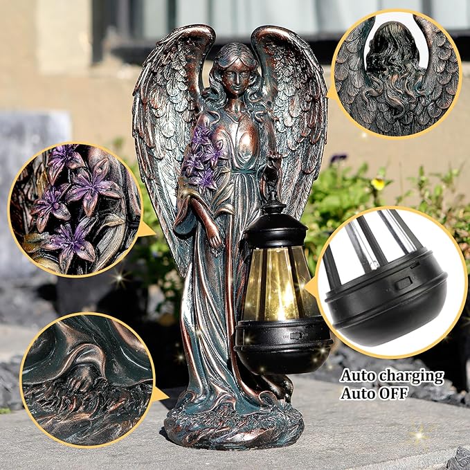 Solar Angel Outdoor Garden Decor Statues – 13.2 inches Solar Outdoor Sculptures for Outside Yard Art Patio Balcony Front Lawn Ornaments Gifts for Mom Grandma Women（Bronze）-Ruum Studio Home