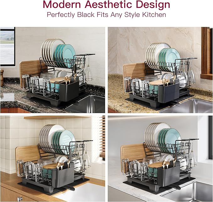 BOOSINY 2 Tier Black Large Stainless Steel Dish Drainers Drying Rack for Kitchen Counter with Drainboard, Rust Proof Metal, Space Saving, Modern Aesthetic, Compact Plates Strainers with Extra Mat-Ruum Studio Home