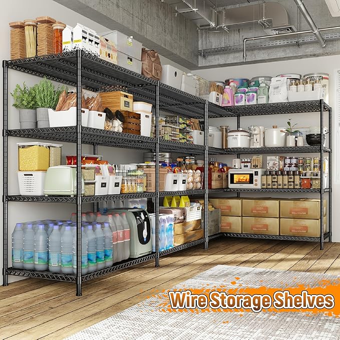 REIBII 81.5''W Storage Shelves 3680LBS Garage Shelving Heavy Duty 4 Tier Metal Shelving Unit Adjustable Wire Shelf and Storage Pantry Shelves for Kitchen Garage, 81.5Wx23.62Dx70.86H，Black, 2PCS-Ruum Studio Home