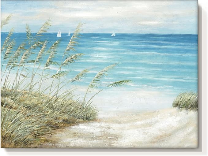 Beach Sea Canvas Wall Art: Seaside Coastal Reed Painting Blue Ocean Nautical Picture Modern Minimalist Seascape Grass Path Artwork Decor for Living Room Bedroom-Ruum Studio Home