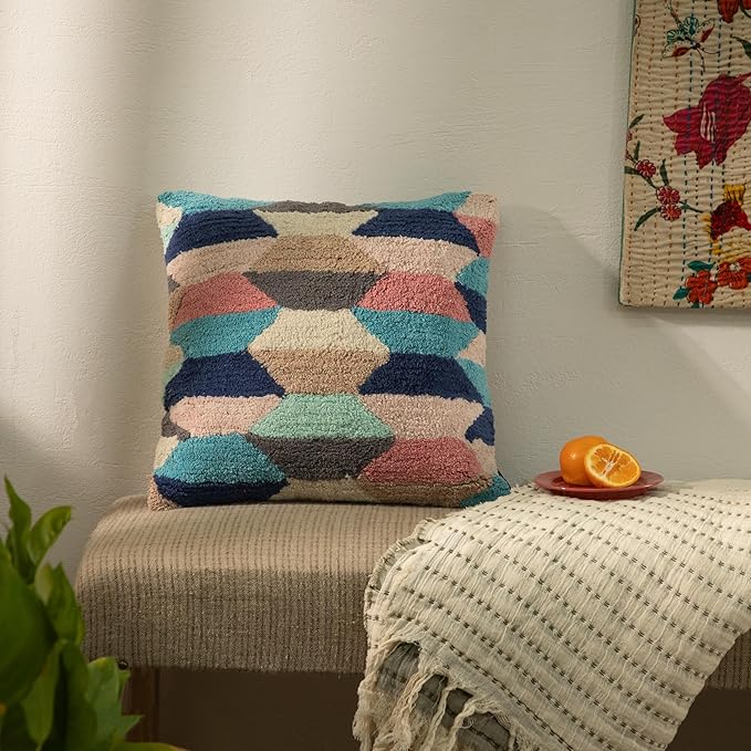 Tuffting Embroidery Decorative Throw Pillow Cover, 18 x 18 inches (Multi Geometrical)-Ruum Studio Home
