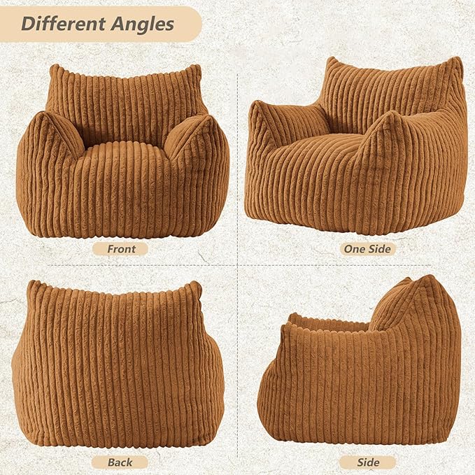 Giant Bean Bag Chairs for Adults Teens, Large Bean Bag Sofa Chairs with Filling Comfy Fuzzy BeanBag Chair with Armrests for Bedroom Living Room Reading (Brown, Large)-Ruum Studio Home
