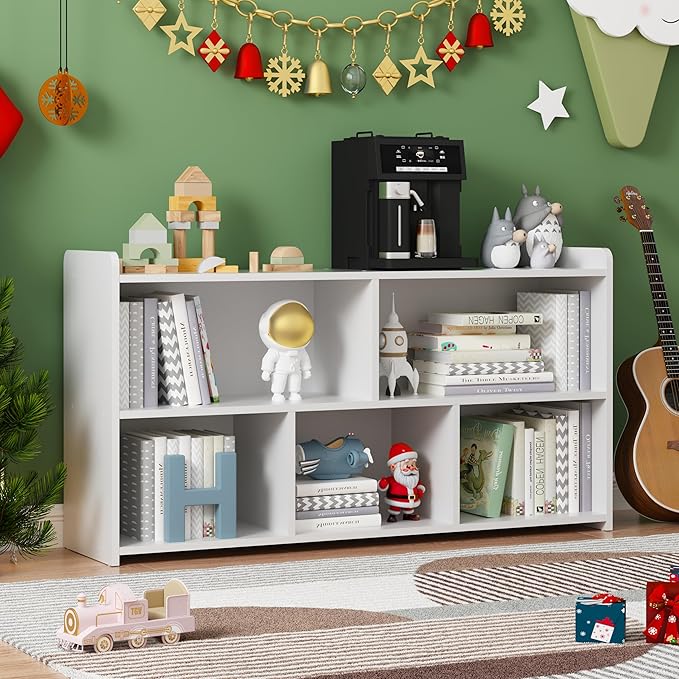 Book Shelf, 5 Cubes Storage Organizer, Open Shelf Wooden Bookcase, Freestanding White Bookshelf Cube Shelf for Bedroom, Living Room, Home Office-Ruum Studio Home