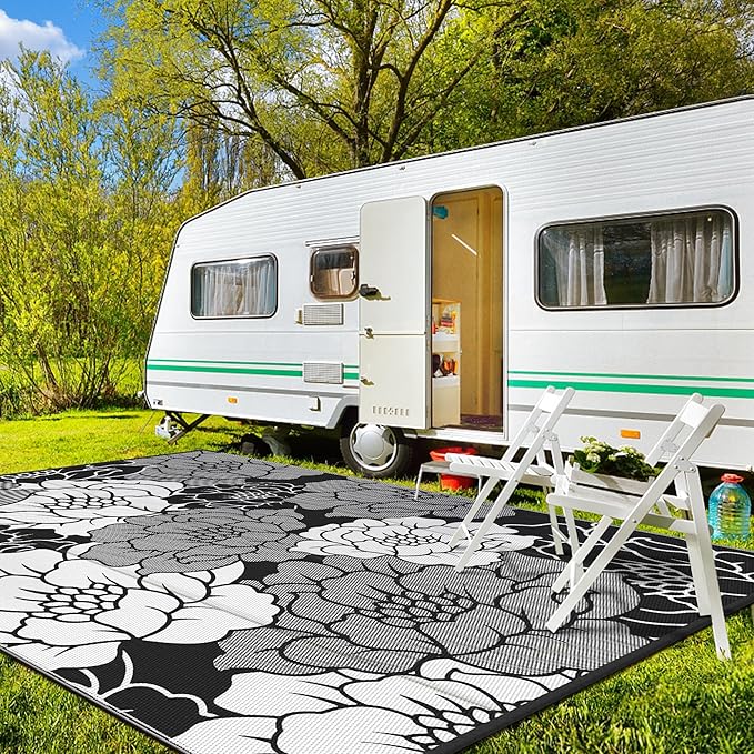 GENIMO Outdoor Rug Waterproof for Patio Decor, 9' x 12' Reversible Plastic Straw Floral Camping Carpet, Large Area Rugs Mats for RV, Camper, Deck, Balcony, Porch, Beach, Picnic, Mix-Black & White-Ruum Studio Home