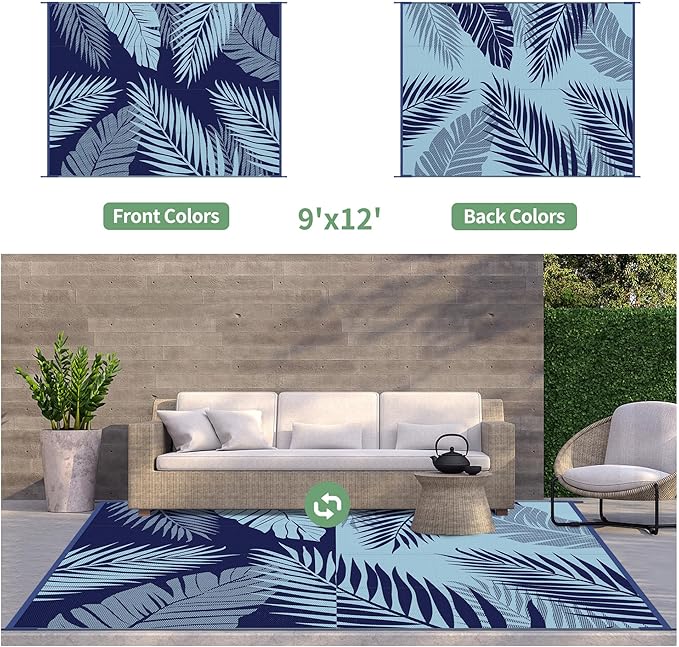 GENIMO Outdoor Rug 9' x 12' Waterproof for Patios Clearance, Reversible Outdoor Plastic Straw Camping Rug Carpet, Large Area Rugs Mats for RV, Camper, Deck, Balcony, Porch, Beach, Navy Blue&Baby Blue-Ruum Studio Home