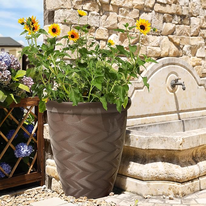 Worth Garden 2-Pack 16" Large Round Planter - Weave Pattern Lightweight Plastic Plant Pot 16" x 17.5" for Indoor Outdoor Use - Decorative Containers for Front Porch Home Yard Deck Patio - Dark Brown-Ruum Studio Home