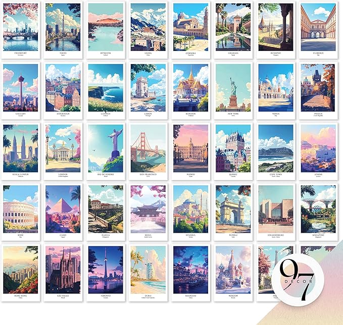 97 Decor Vintage Travel Posters Wall Art - Retro Travel Decor For Home, Travel Art Prints For Wall Decor, Around World Travel Collage Destination Pictures Famous City Artwork For Classroom (4x6)-Ruum Studio Home