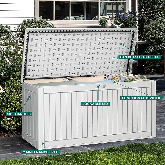 YITAHOME 260 Gallon Extra Large Deck Box, Double-Wall Resin Outdoor Storage Box with Flexible Divider for Patio Cushions Pool Supplies Garden Tools, 1000lbs Load Capacity, Lockable&Waterproof (White)-Ruum Studio Home