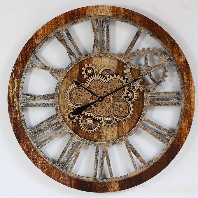 The Gears Clock 36'' Inch Real Moving Gear Wall Clock Vintage Industrial Oversized Rustic Farmhouse (Vintage Brown)-Ruum Studio Home
