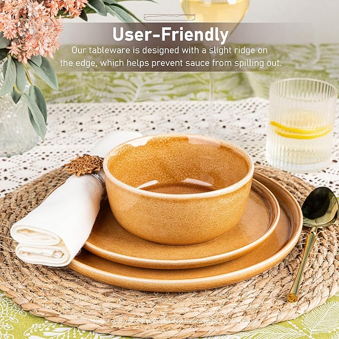 GBHOME Ceramic Dinnerware Sets for 4, 12 Pieces Stoneware Plates and Bowls Sets, Scratch Resistant Dishes, Dishwasher & Microwave Safe, Reactive Glaze-Amber-Ruum Studio Home