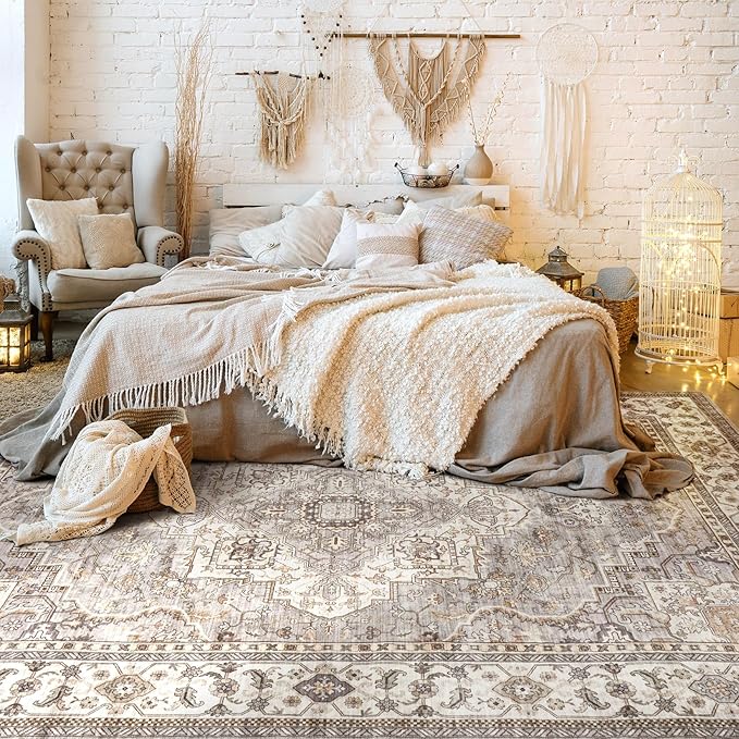 Washable Area Rugs for Living Room - 9x12 Neutral Vintage Distressed Floral Farmhouse Boho Large Soft Floor Rug Indoor Non Slip Carpet for Bedroom Dining Room Office - Grey Brown-Ruum Studio Home